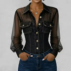 Denim Mesh Sleeve Corset Shirt Bodysuit