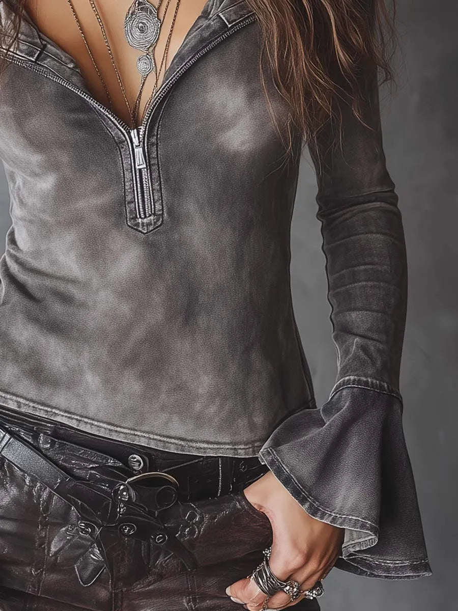 Washed Grey Denim Shirt With Zip-up Collar And Flared Cuffs
