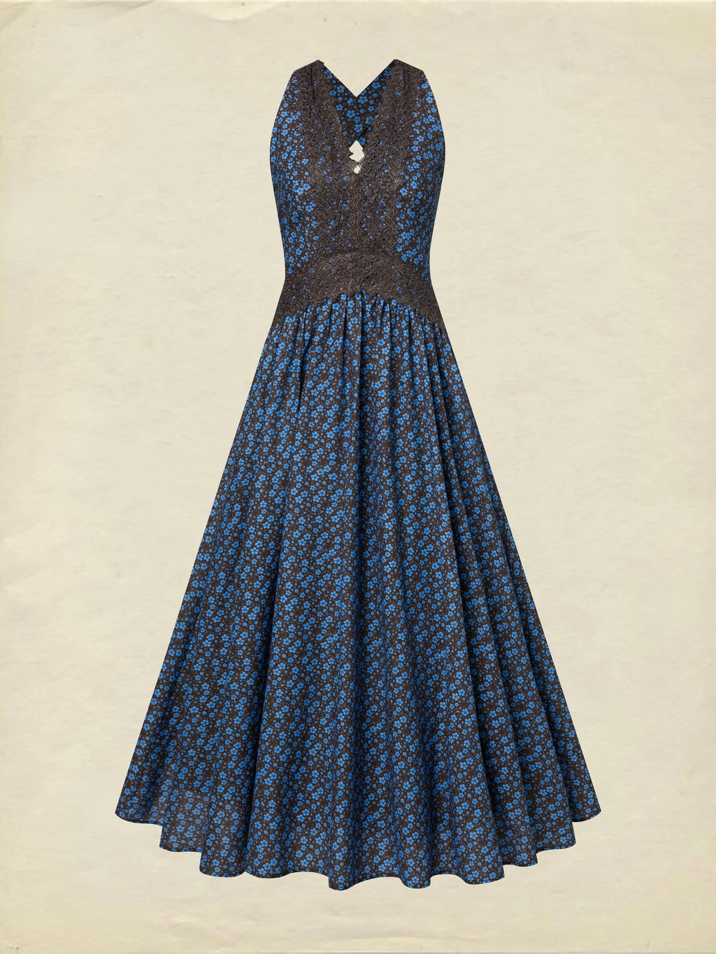 Maxi Cotton Dress, Sleeveless, V Neck, Floral, Lace, Vintage, Blue