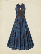 Maxi Cotton Dress, Sleeveless, V Neck, Floral, Lace, Vintage, Blue