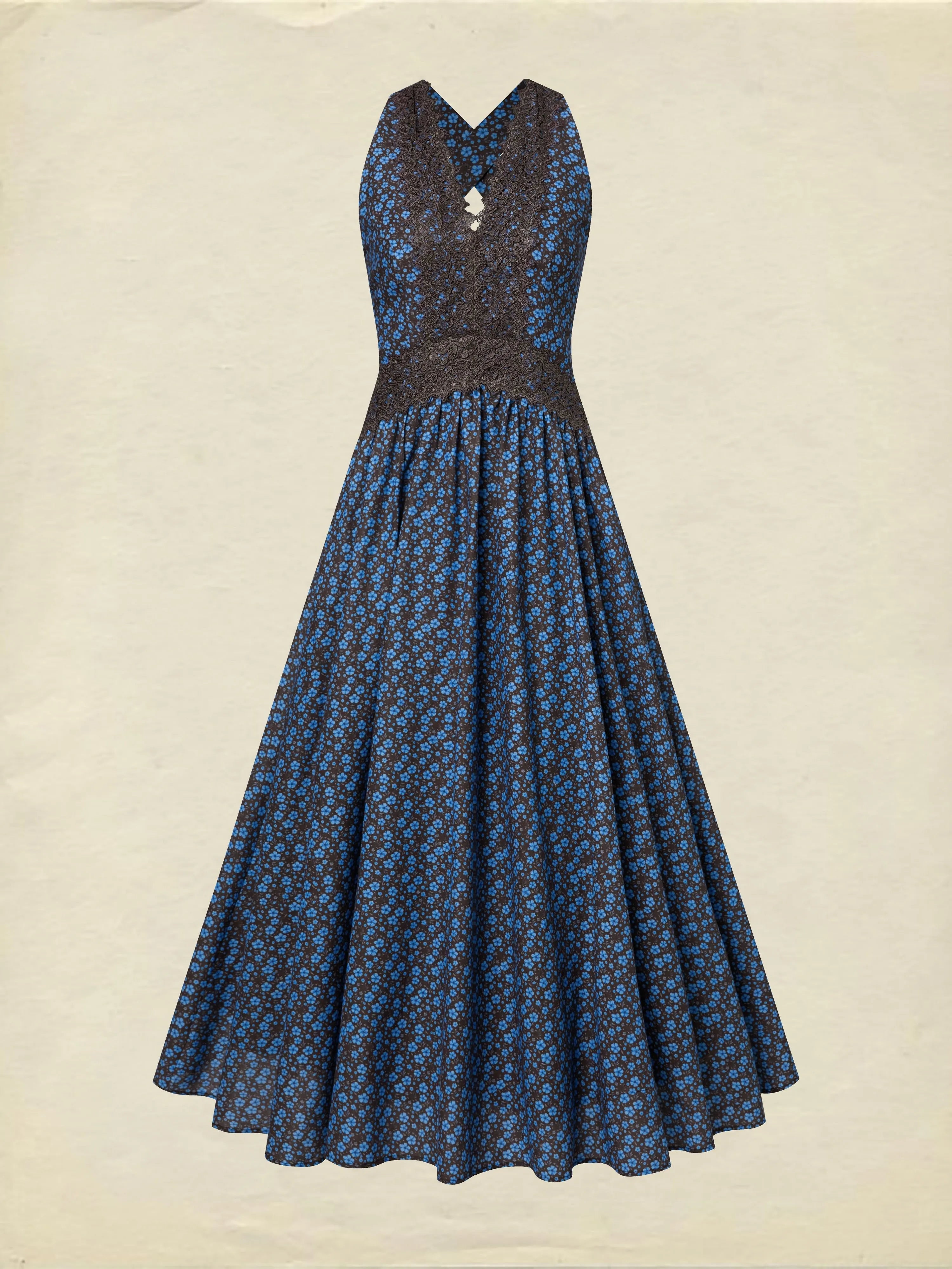Maxi Cotton Dress, Sleeveless, V Neck, Floral, Lace, Vintage, Blue