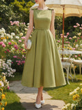 Midi Linen Dress, Sleeveless, Boat Neck, Plain, Bow, French Vintage, Green