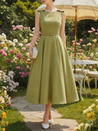 Midi Linen Dress, Sleeveless, Boat Neck, Plain, Bow, French Vintage, Green