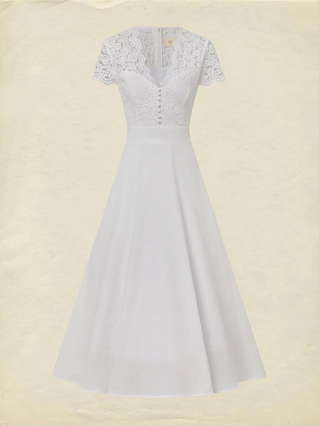 Midi Cotton Dress, Short Sleeves, Plain, Lace, Vacation, Vintage, White