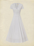 Midi Cotton Dress, Short Sleeves, Plain, Lace, Vacation, Vintage, White