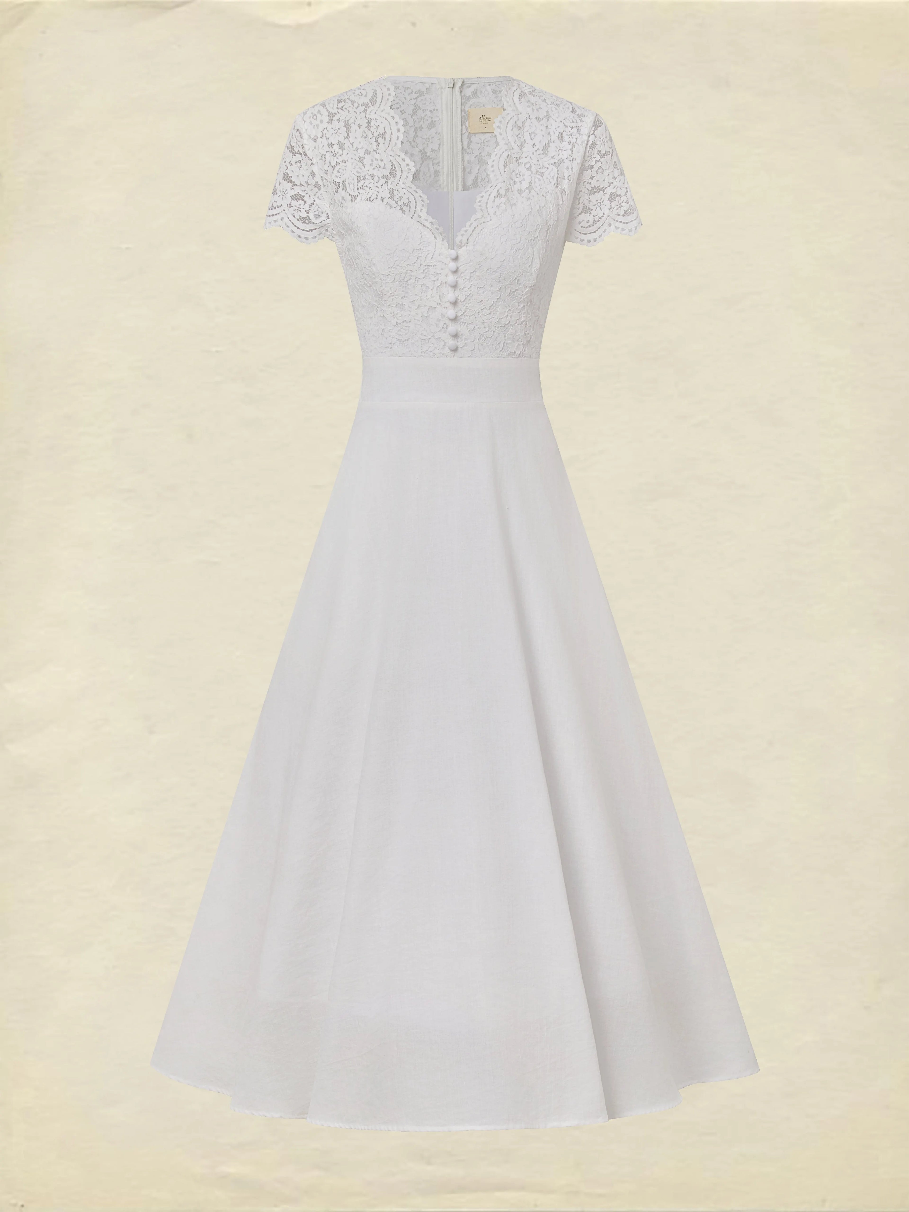 Midi Cotton Dress, Short Sleeves, Plain, Lace, Vacation, Vintage, White