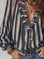 Bohemian Striped Chiffon Blouse With Ruffles