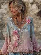 Boho Roses Glitter Diamonds Beaded Gradient Flowy Tunic
