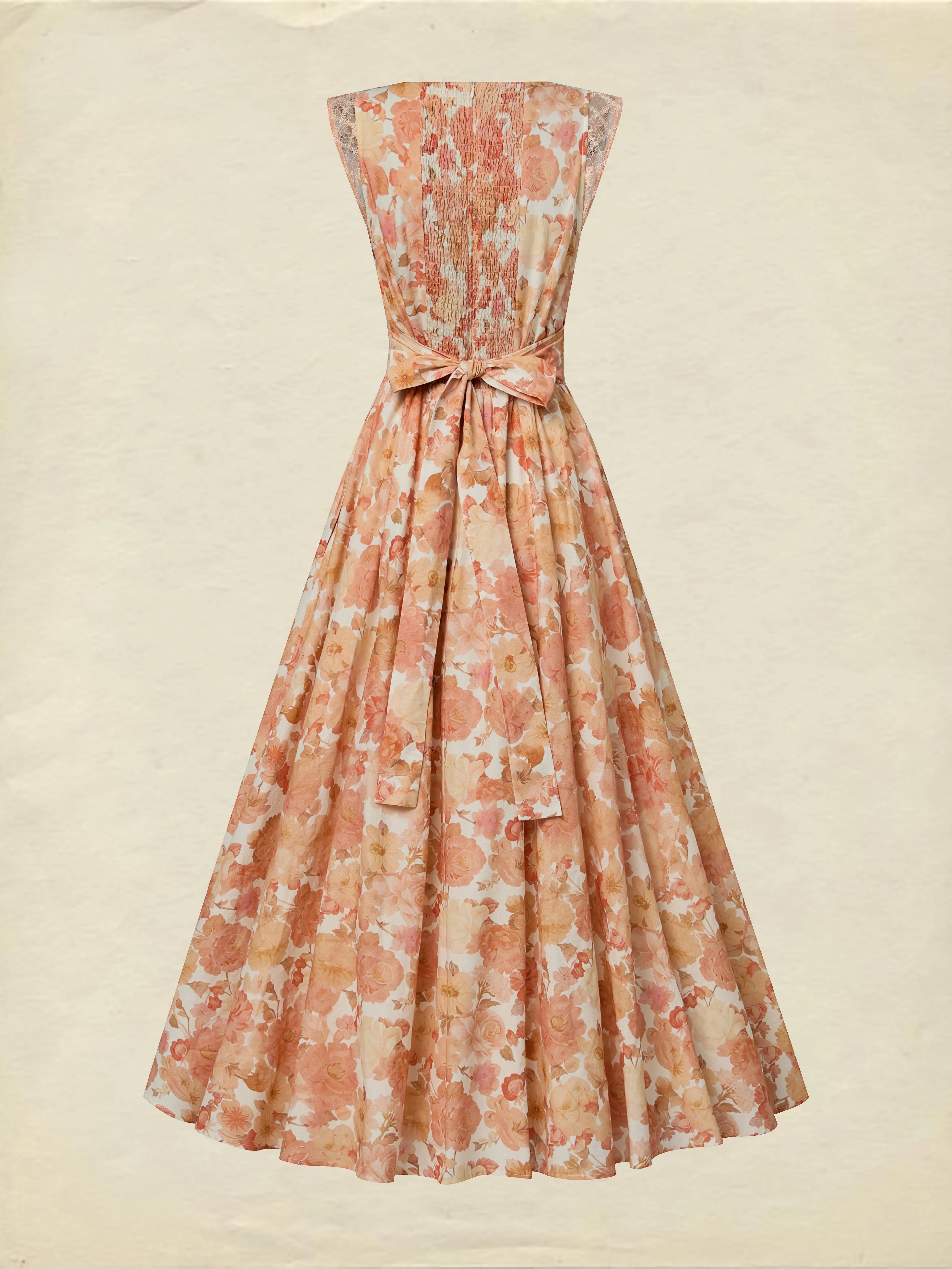 Maxi Linen Dress, Sleeveless, V Neck, Floral, Lace, Vacation, Vintage, Light Orange