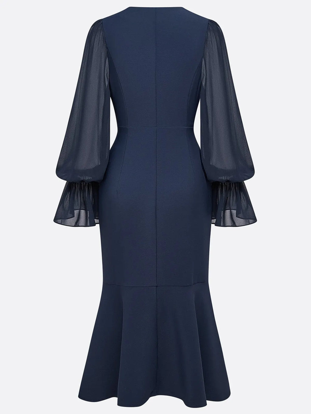 Purplish Blue Buckle Classic V Neck Long Sleeve Bell Sleeve Mermaid Midi Dress