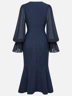 Purplish Blue Buckle Classic V Neck Long Sleeve Bell Sleeve Mermaid Midi Dress