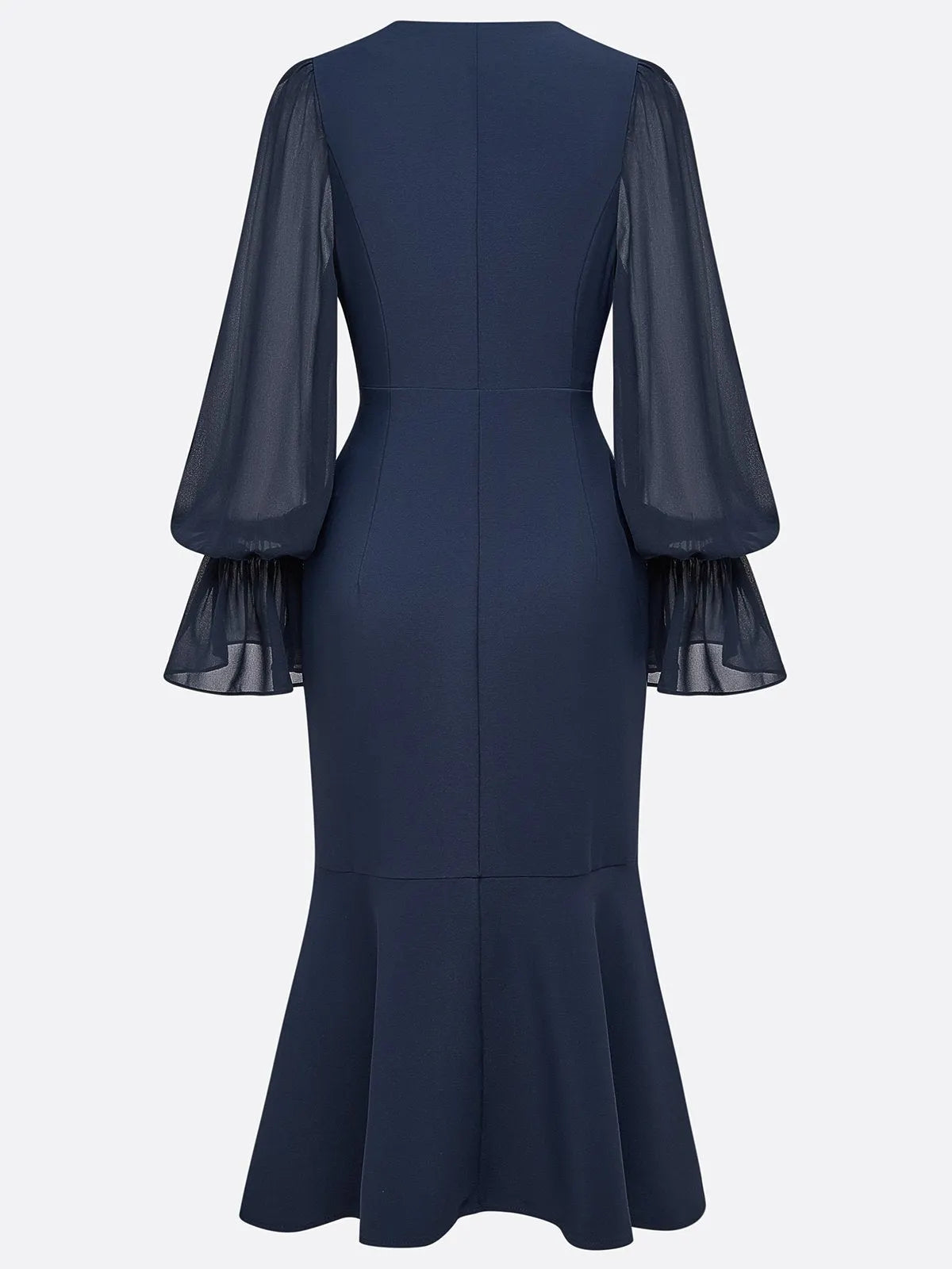 Purplish Blue Buckle Classic V Neck Long Sleeve Bell Sleeve Mermaid Midi Dress