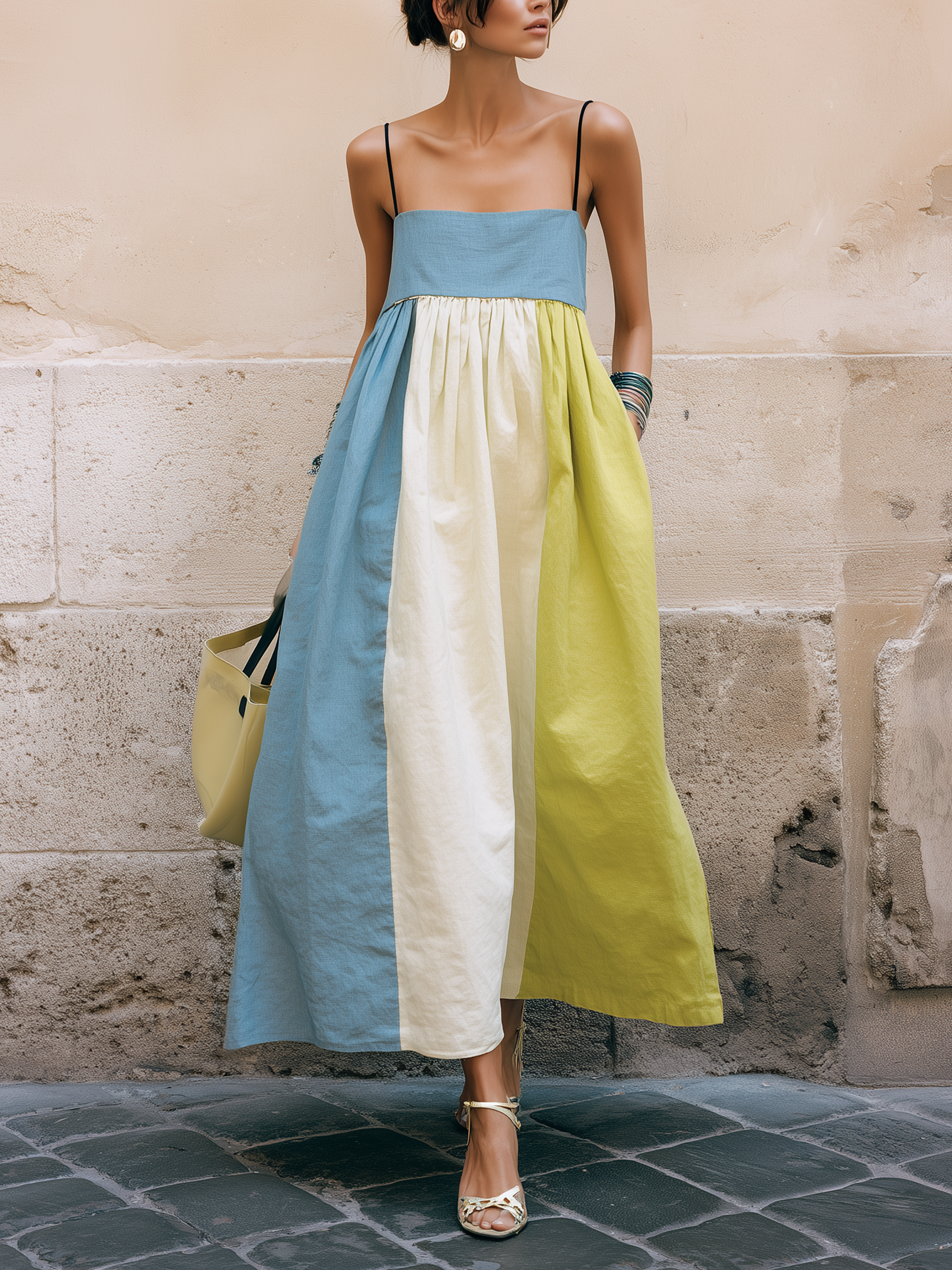 Color-Block Linen-Blend Strapless Midi Dress