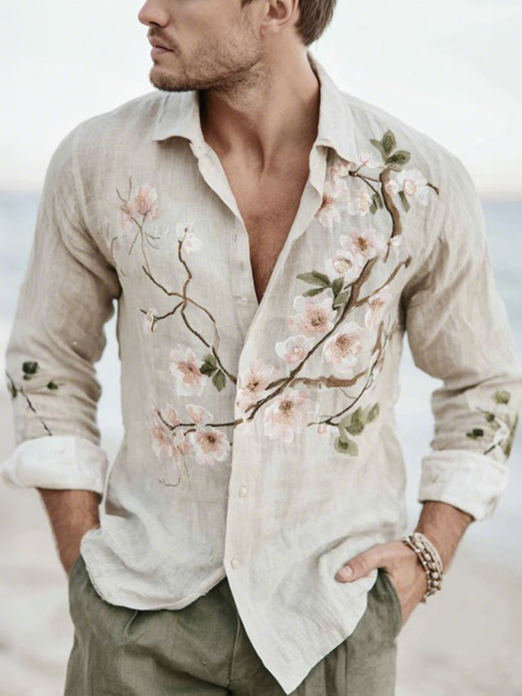 Men's Vintage Peach Blossom Art Print Long Sleeve Shirt