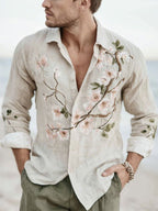Men's Vintage Peach Blossom Art Print Long Sleeve Shirt