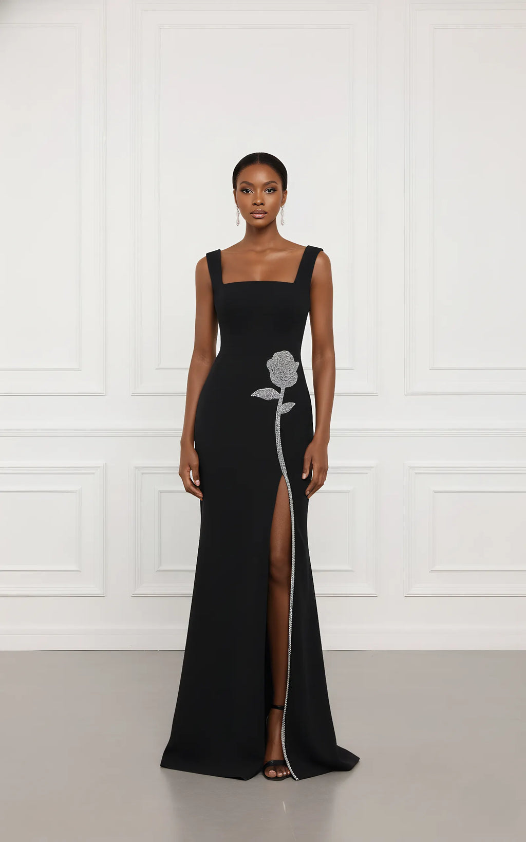 Black Applique Rhinestone Knit Square Neck Sleeveless Sheath Gown Dress