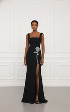 Black Applique Rhinestone Knit Square Neck Sleeveless Sheath Gown Dress