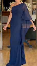 One Shoulder Cape Drape Chiffon Maxi Gown