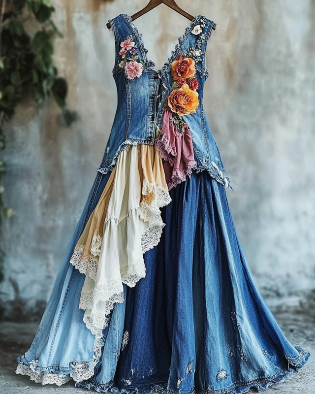 Summer Irregular Ruffle Denim Lace Patchwork Dress 4327