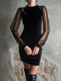 Elegant Mock-Neck Black Velvet Cocktail Dress With Sheer Sleeves