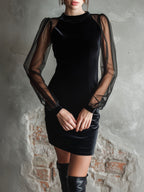Elegant Mock-Neck Black Velvet Cocktail Dress With Sheer Sleeves