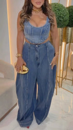 Denim Corset Top & Wide Leg Denim Pant Set