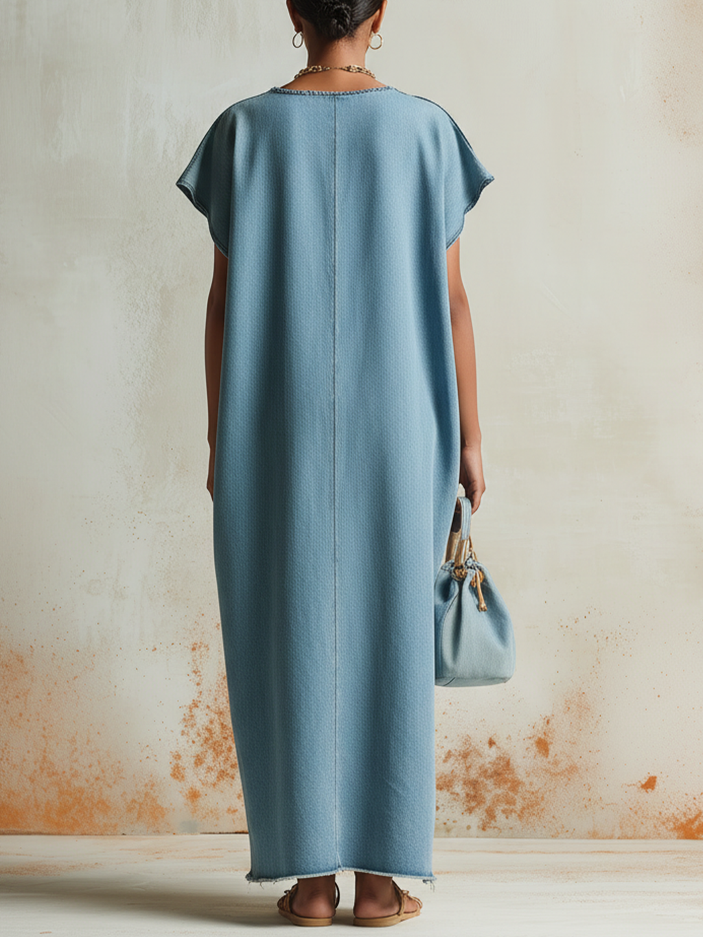 Color Block Denim Caftan Maxi Dress