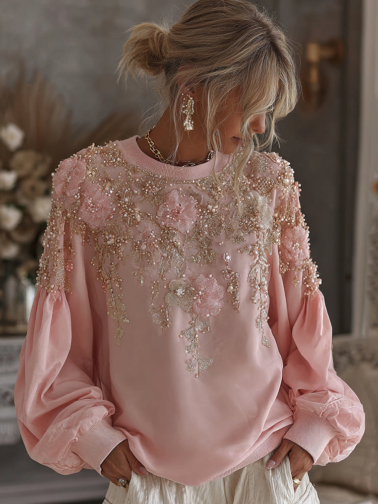 Women's Vintage Pink Rose Embroidery Art Round Neck Casual Sweatshirt