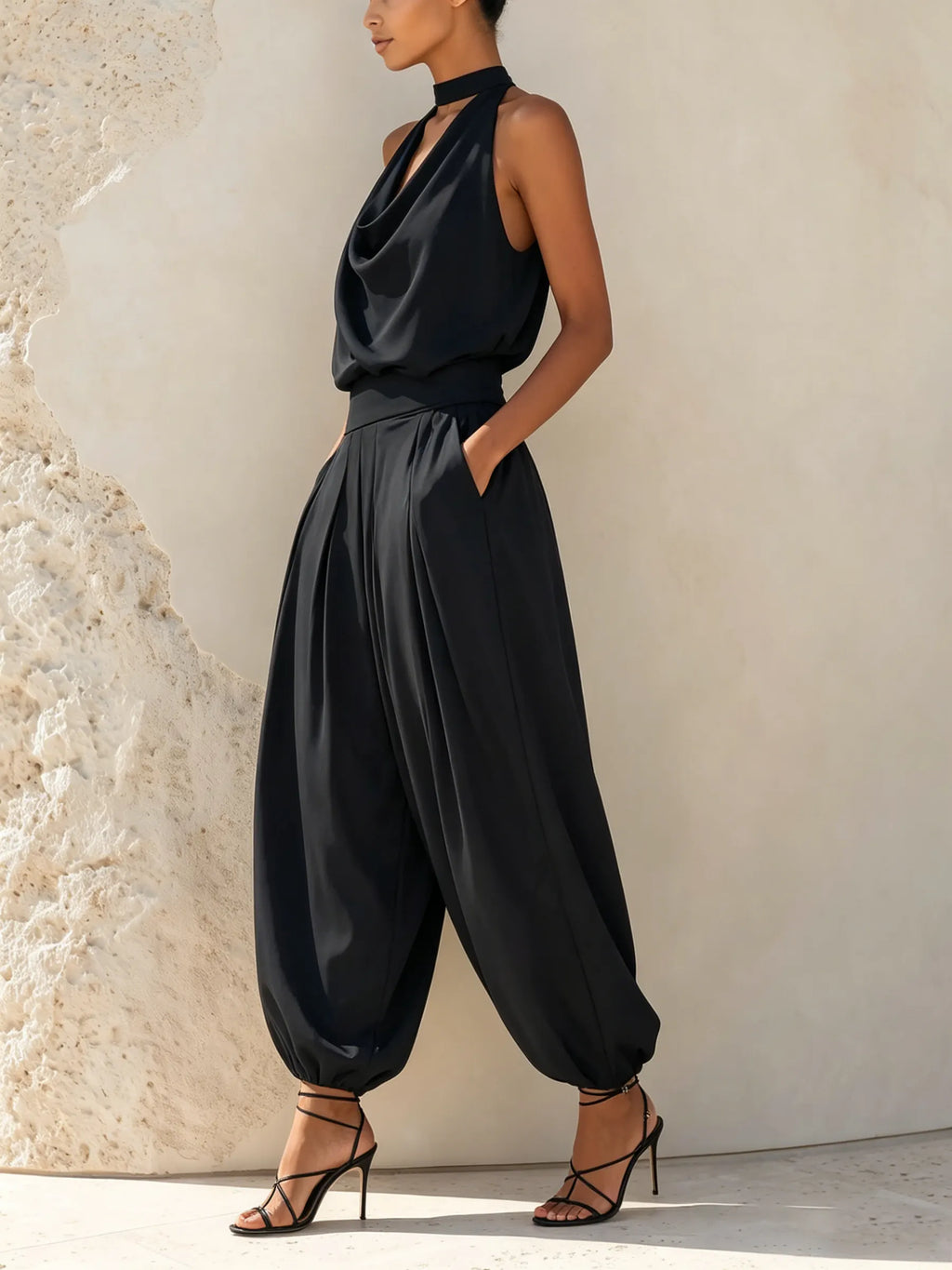 Black Satin Cowl Neck Halter Jumpsuit With Balloon Pants