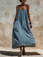 Slate Blue Linen-Blend Maxi Slip Dress - Oversized Pocketed Casual Dress