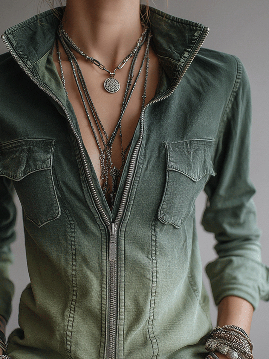 Casual Green Gradient Workwear Pocket Denim Zip-Up Shirt