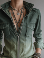 Casual Green Gradient Workwear Pocket Denim Zip-Up Shirt