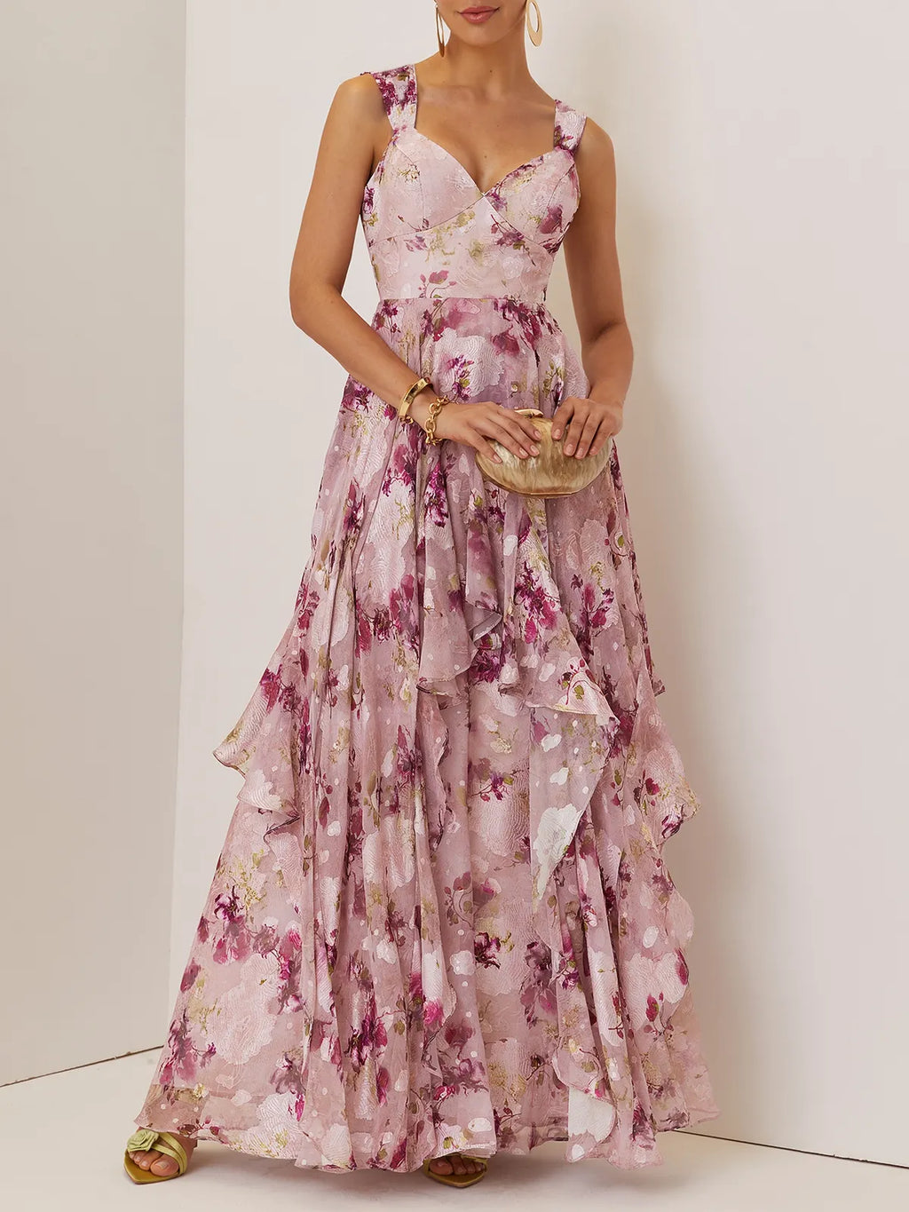 Pink Floral Jacquard Chiffon Sweetheart Neckline Sleeveless A-Line Floor-length Gown Dress