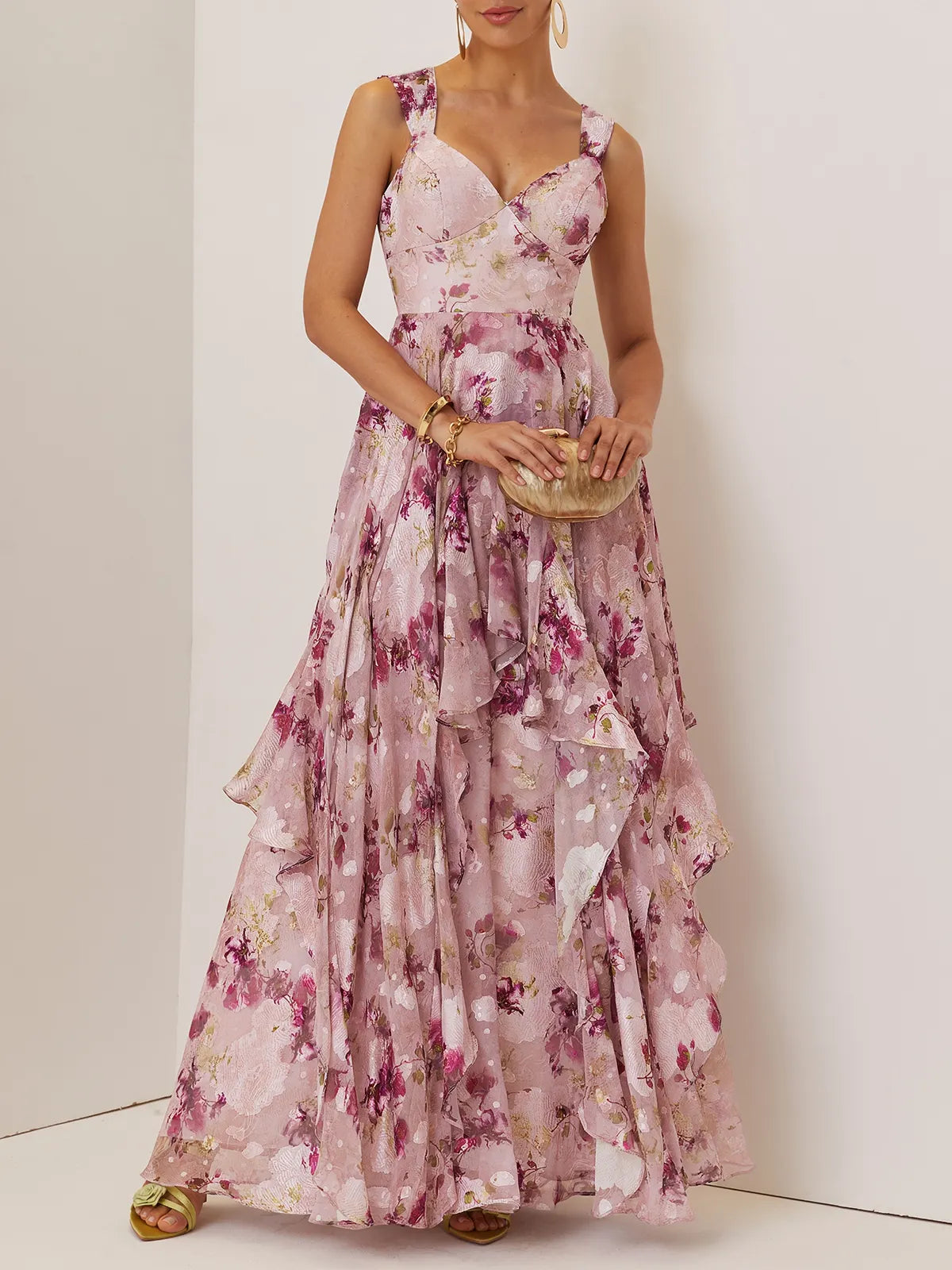 Pink Floral Jacquard Chiffon Sweetheart Neckline Sleeveless A-Line Floor-length Gown Dress