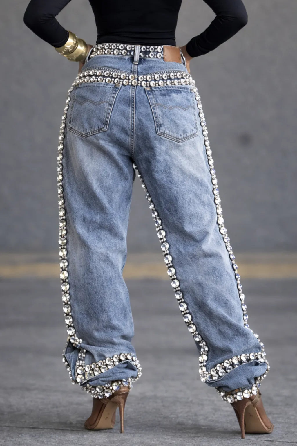 Women's Diamond-Encrusted Faux Two-Piece Denim Jeans