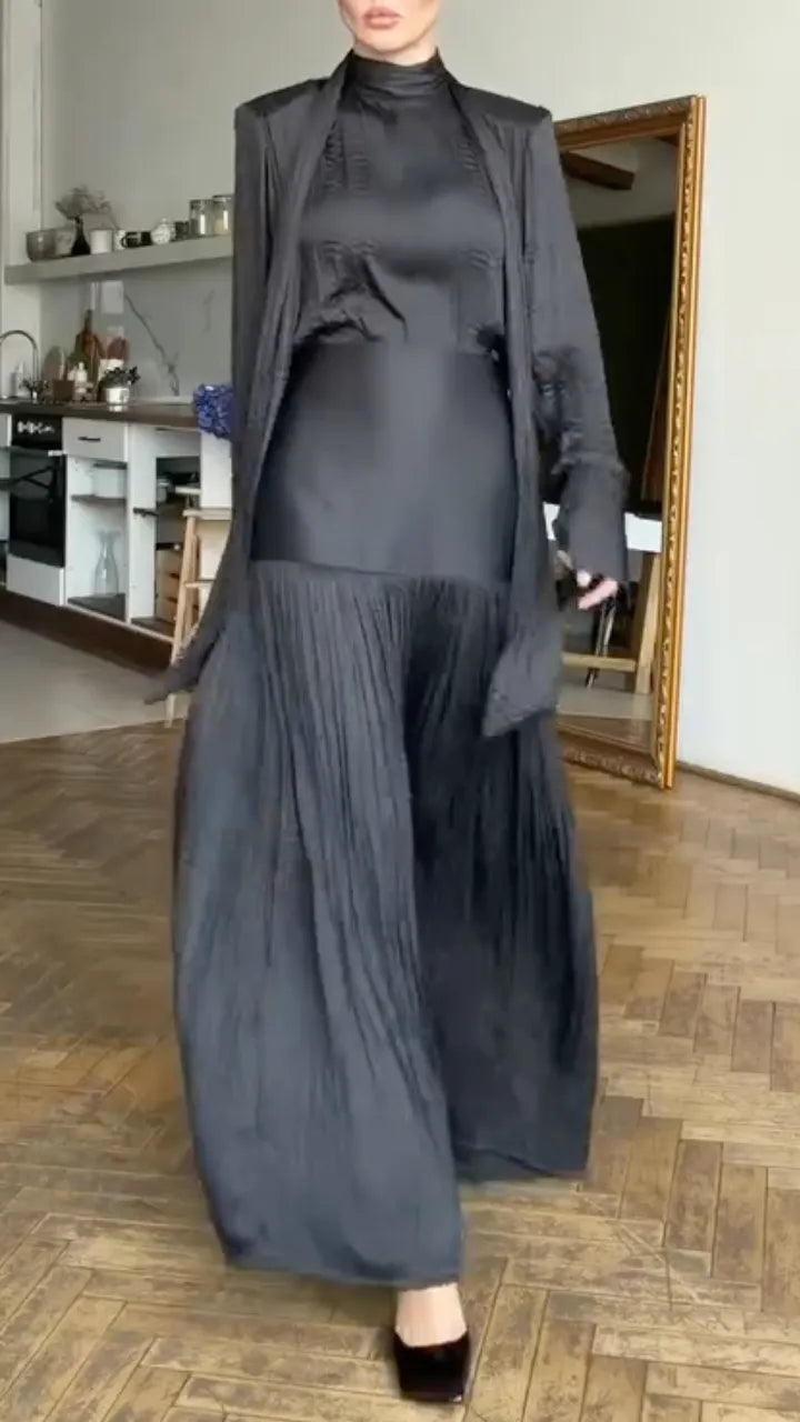 Black Satin Pleated Long 3 Piece Set