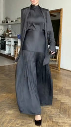 Black Satin Pleated Long 3 Piece Set