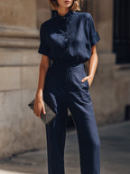 Short Sleeve Button-Up Blouse And Tailored Straight-Leg Trousers Set
