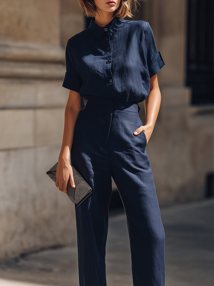 Short Sleeve Button-Up Blouse And Tailored Straight-Leg Trousers Set