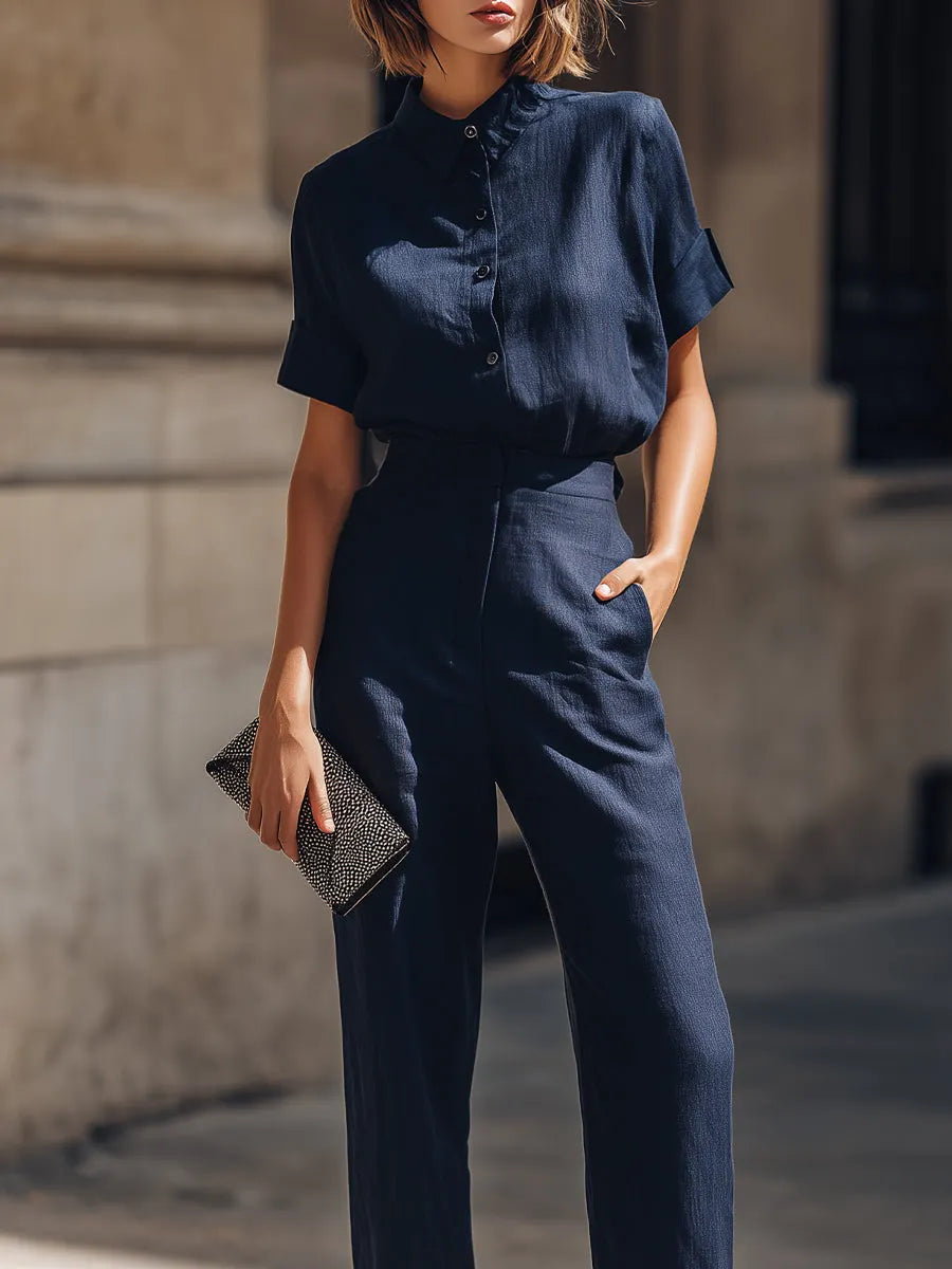 Short Sleeve Button-Up Blouse And Tailored Straight-Leg Trousers Set
