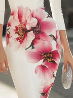 White Bodycon Dress Adorned with Pink Floral Design