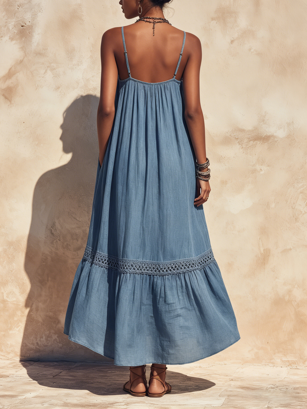 Halter Neck Flowy Maxi Dress With Crochet Trim & Pockets