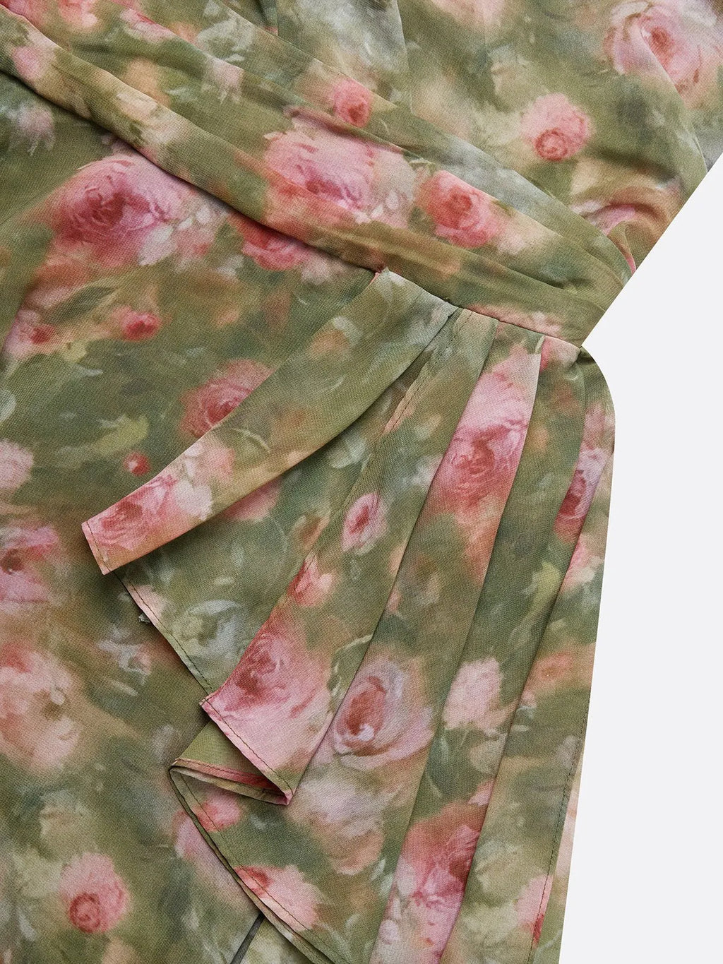 Green Floral Ruched Chiffon One Shoulder Sleeveless A-Line Midi Dress