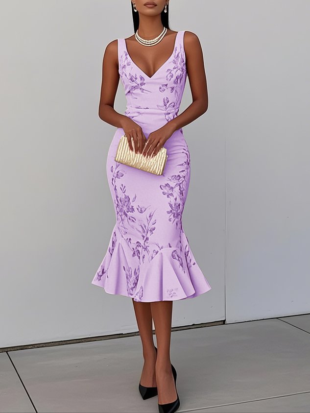 White Pink Floral V Neck Sleeveless Mermaid Midi Dress