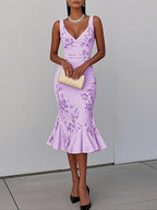 White Pink Floral V Neck Sleeveless Mermaid Midi Dress