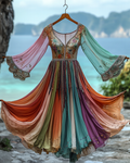 Elegant contrast color vacation rainbow maxi dress 4951