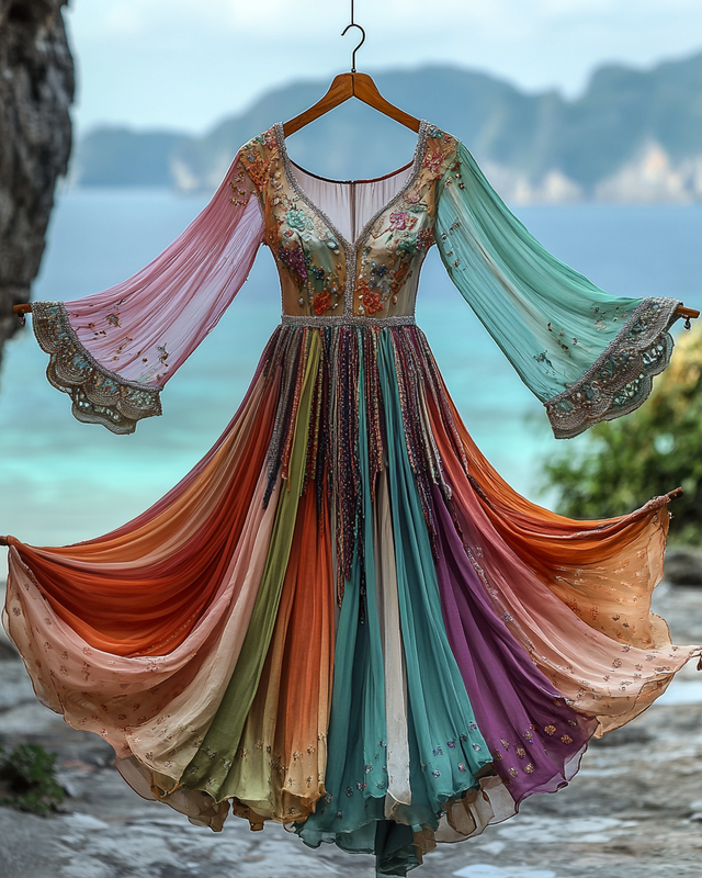 Elegant contrast color vacation rainbow maxi dress 4951