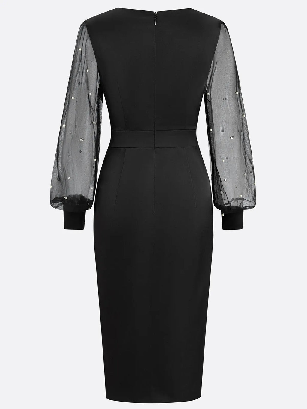 Black Beaded Slit Satin V Neck Long Sleeve Balloon Sleeve Sheath Midi Dress