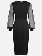 Black Beaded Slit Satin V Neck Long Sleeve Balloon Sleeve Sheath Midi Dress