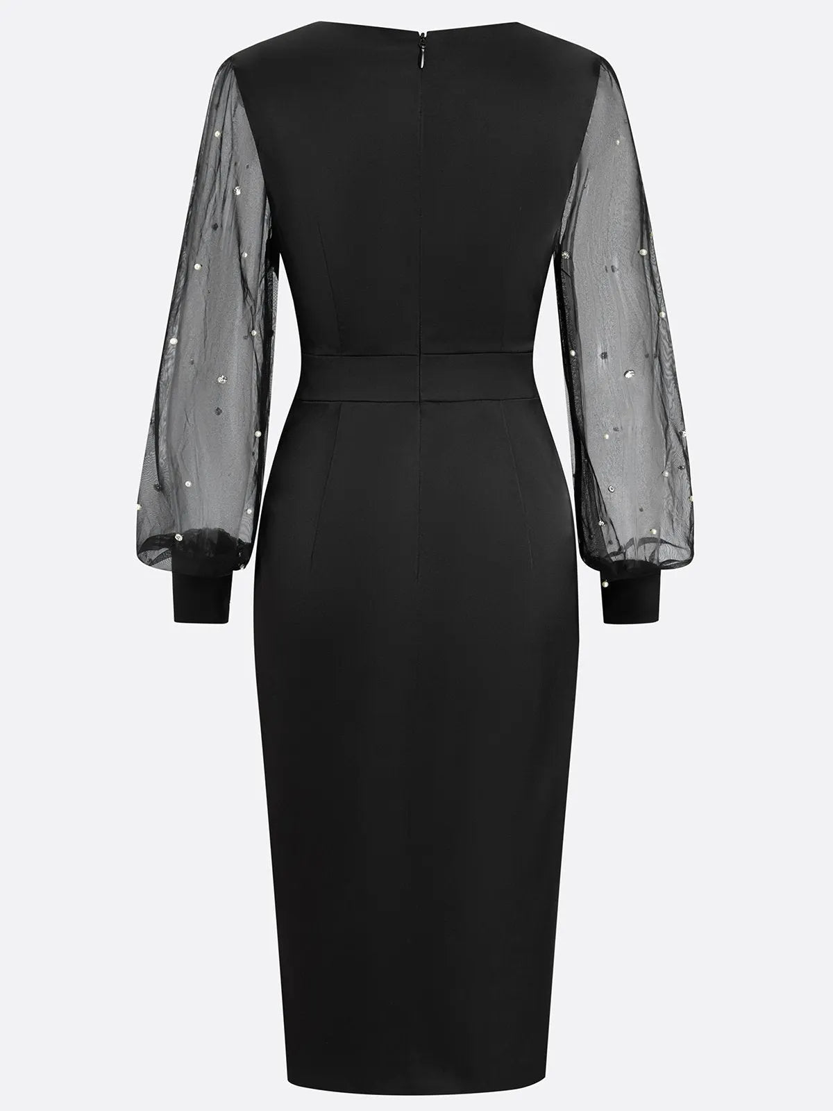 Black Beaded Slit Satin V Neck Long Sleeve Balloon Sleeve Sheath Midi Dress